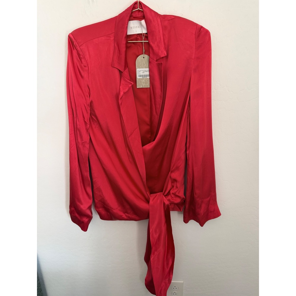 MESHKI Aspyn Satin Blazer Jacket Red Wrap Tie Front Padded Shoulder Small NWT